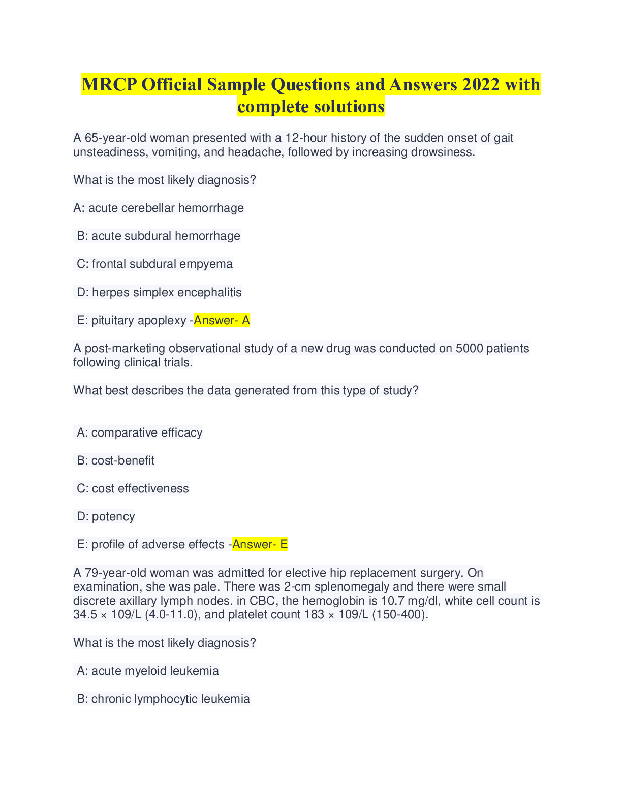 Preview of MRCP Official Sample Questions and Answers 2022 with complete solutions